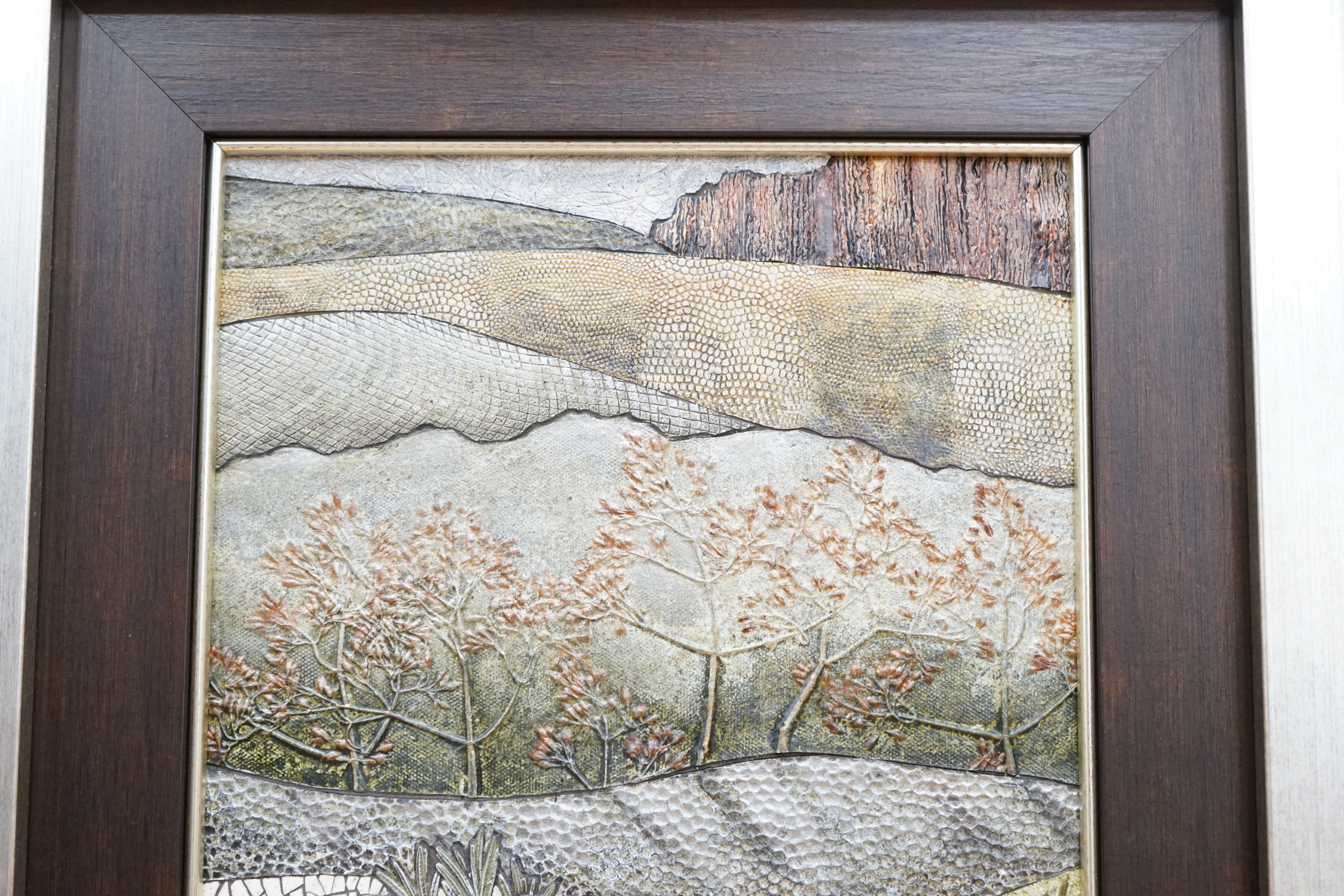 Anne Raubenheimer (contemporary, South African), mixed media and collage plaque, Rosemary Stream, signed, 43 x 26cm